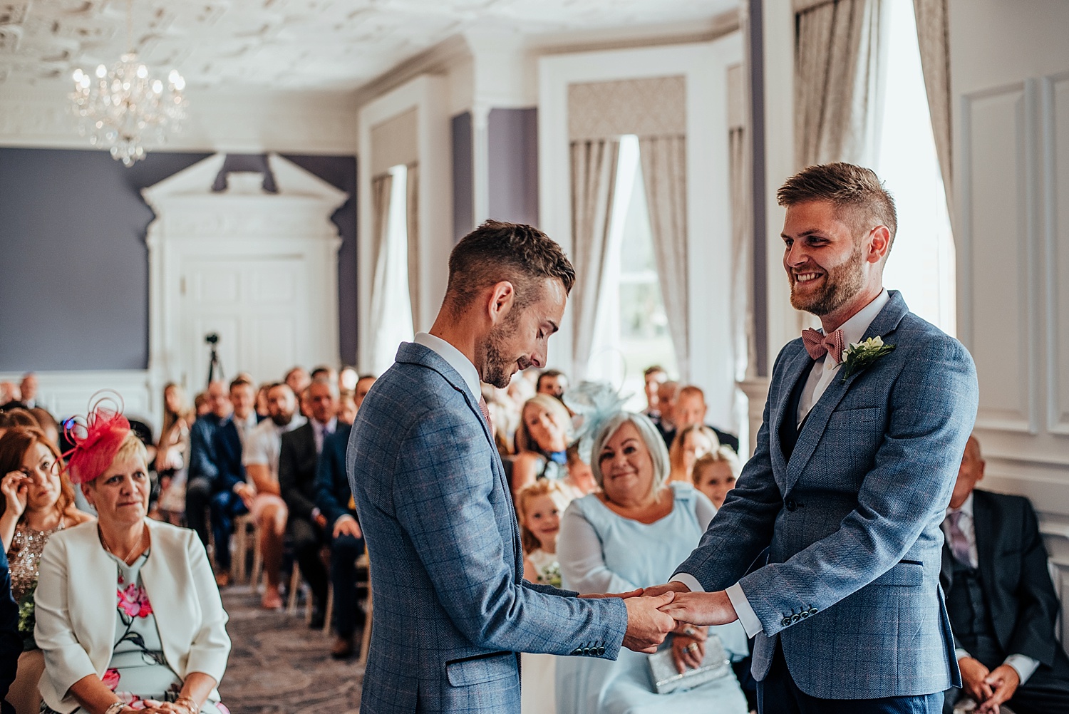 same sex wedding, oakley hall, blue marc darcy suit