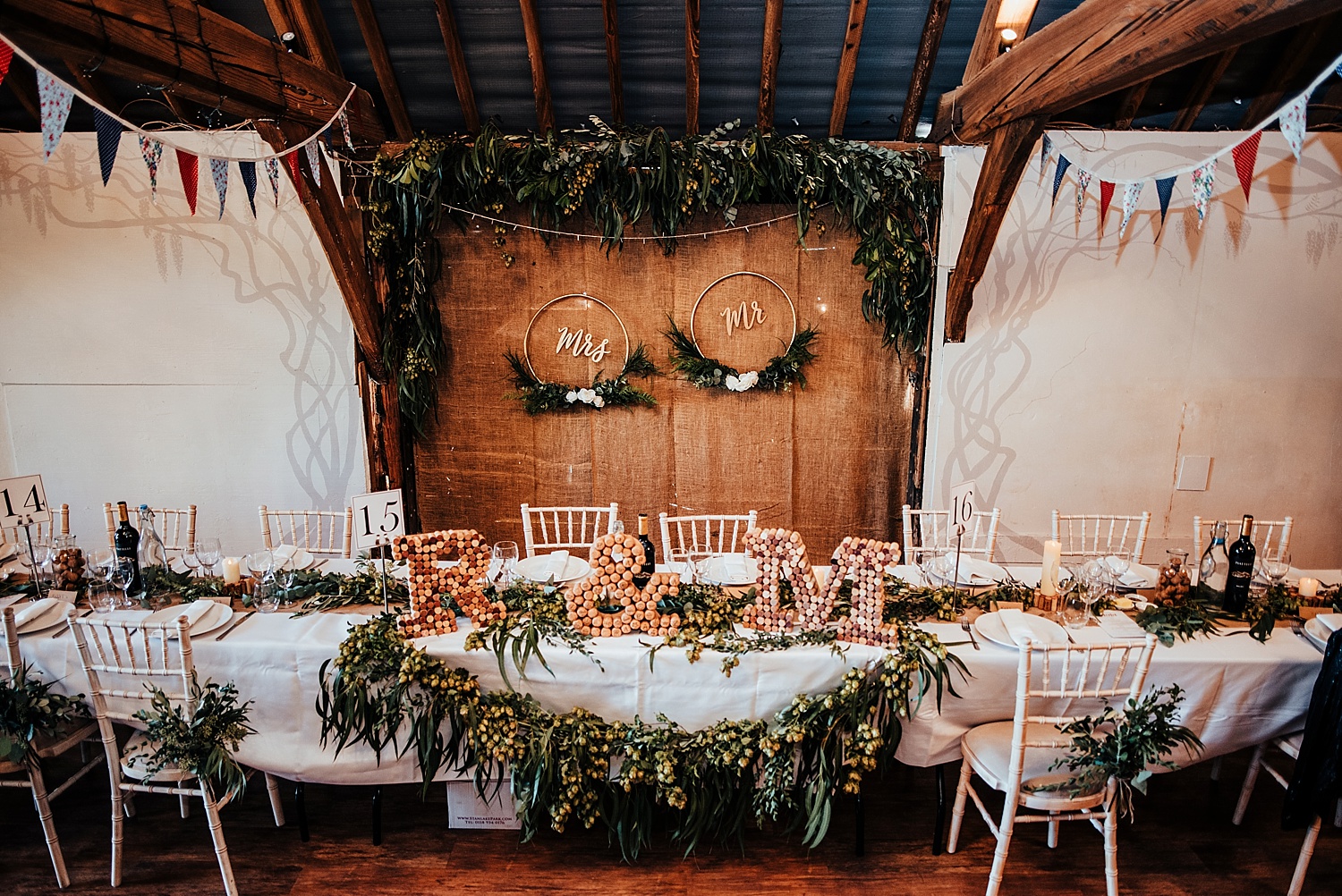 wedding details inside Stanlake Park barn